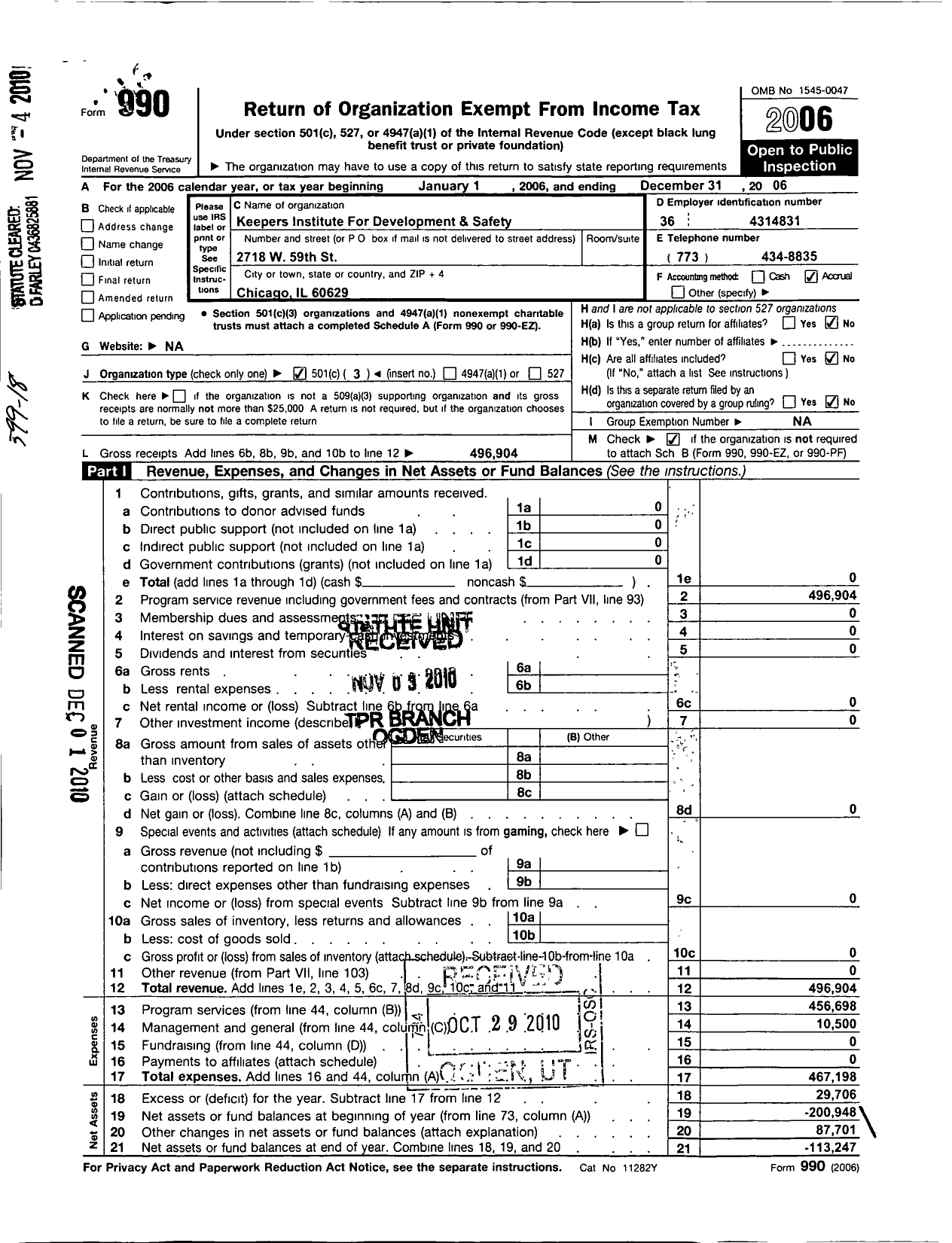 Image of first page of 2006 Form 990 for Keepers Institute for Development and Safety