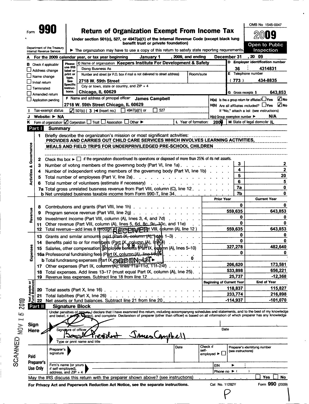 Image of first page of 2009 Form 990 for Keepers Institute for Development and Safety