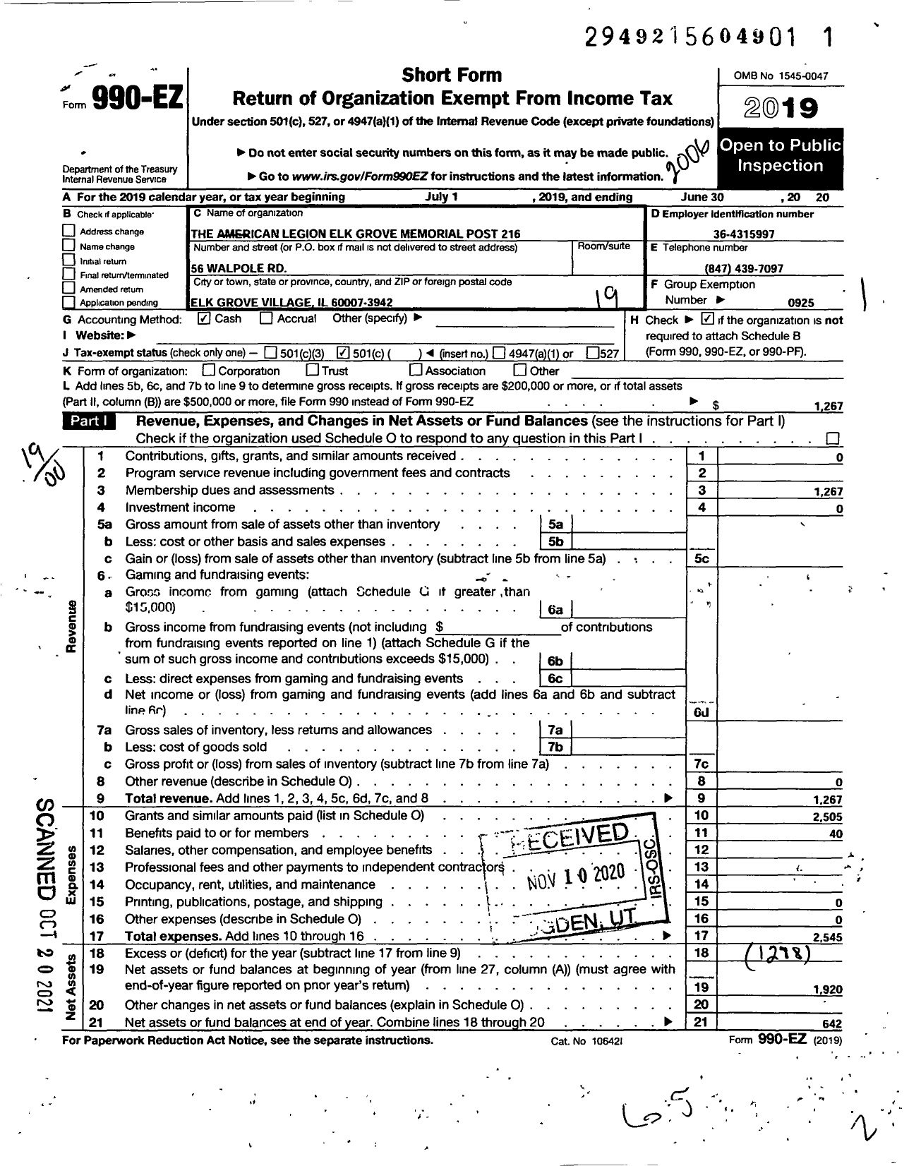 Image of first page of 2019 Form 990EO for American Legion - 216 Elk Grove Village