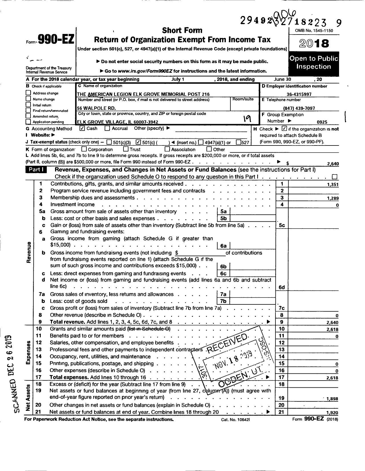 Image of first page of 2018 Form 990EO for American Legion - 216 Elk Grove Village