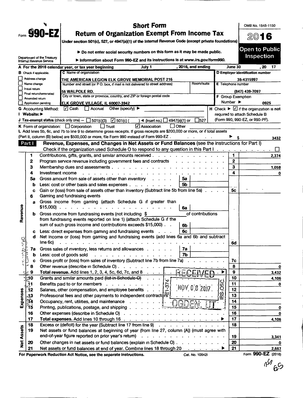 Image of first page of 2016 Form 990EO for American Legion - 216 Elk Grove Village