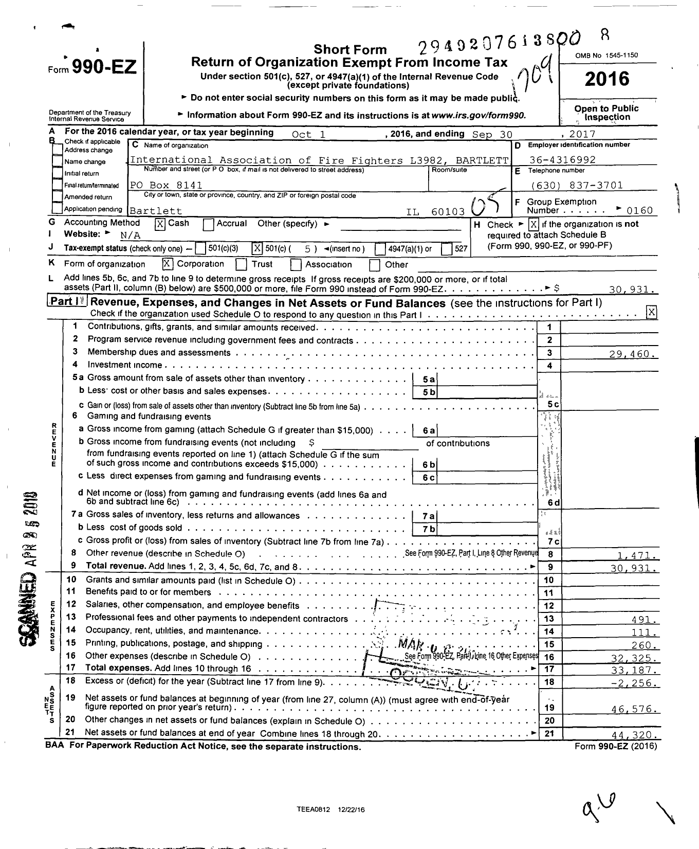 Image of first page of 2016 Form 990EO for International Association of Fire Fighters - L3982 Bartlett