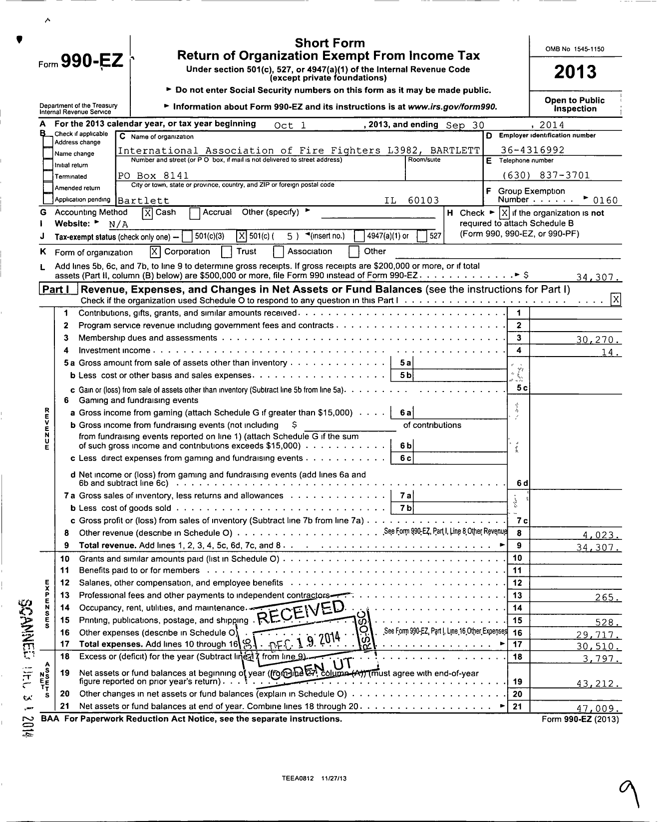 Image of first page of 2013 Form 990EO for International Association of Fire Fighters - L3982 Bartlett