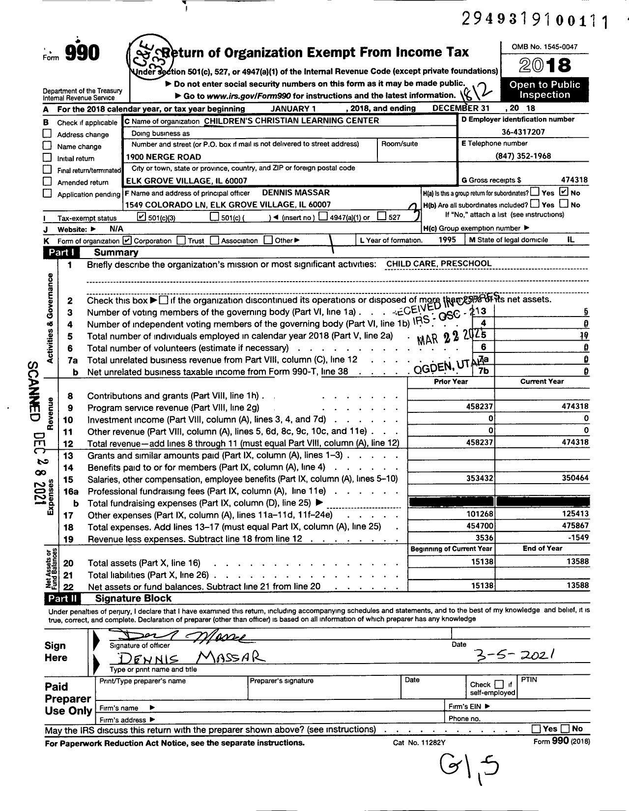 Image of first page of 2018 Form 990 for Childrens Christian Learning Center