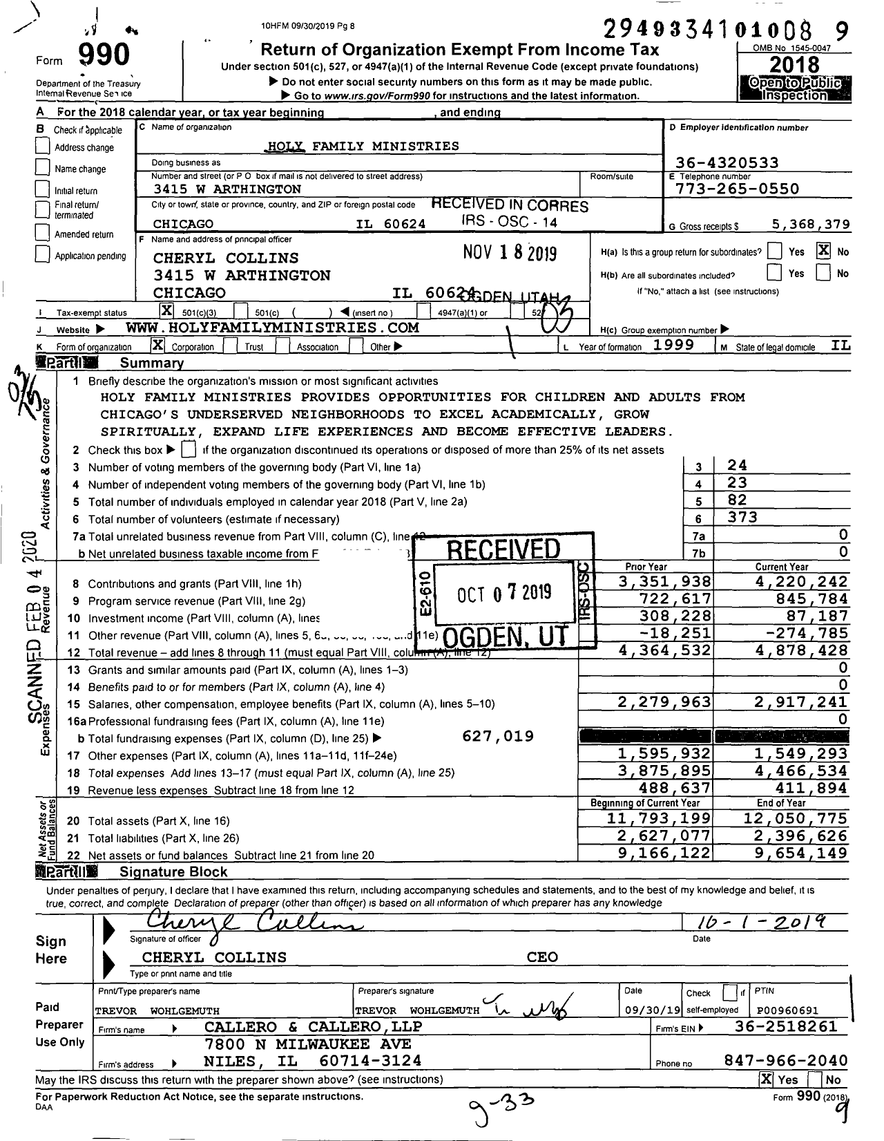Image of first page of 2018 Form 990 for Holy Family Ministries
