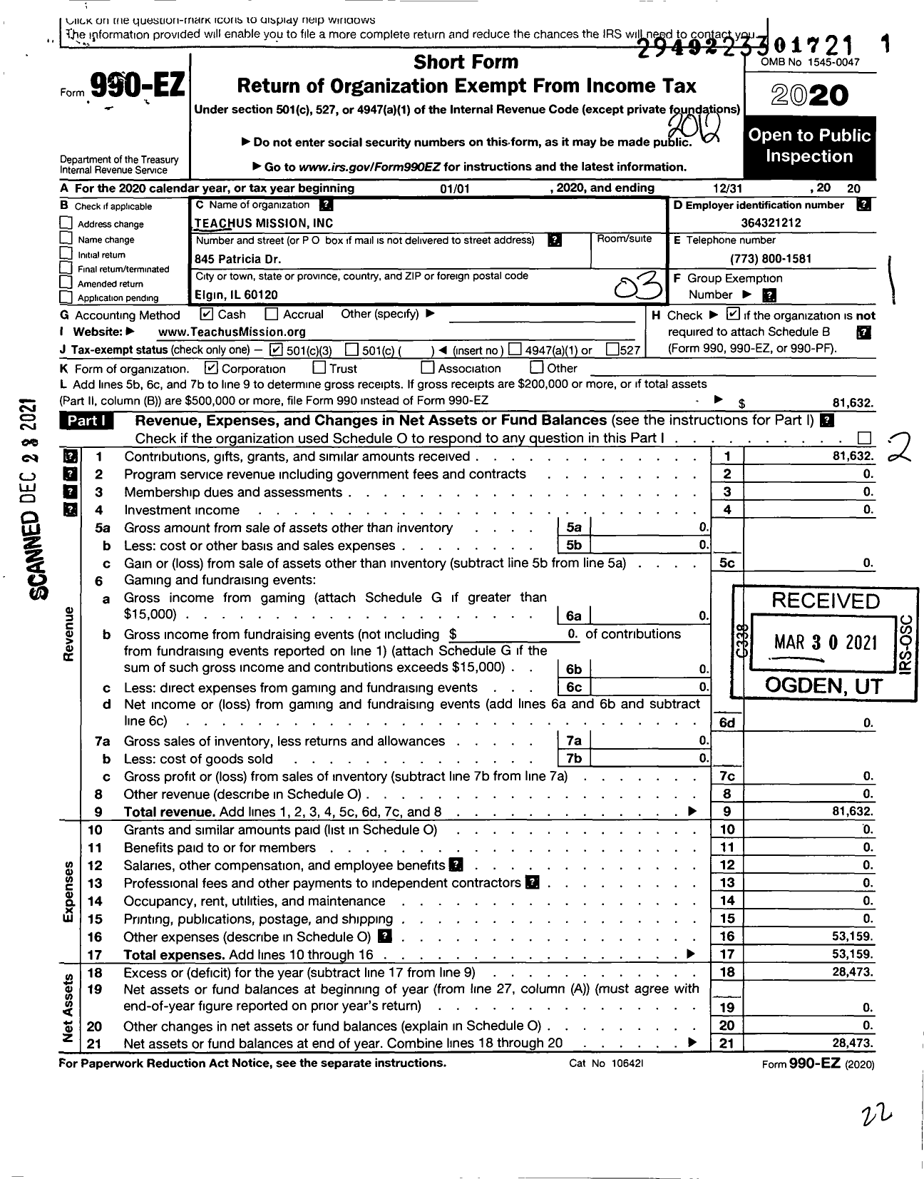 Image of first page of 2020 Form 990EZ for Teachus Mission