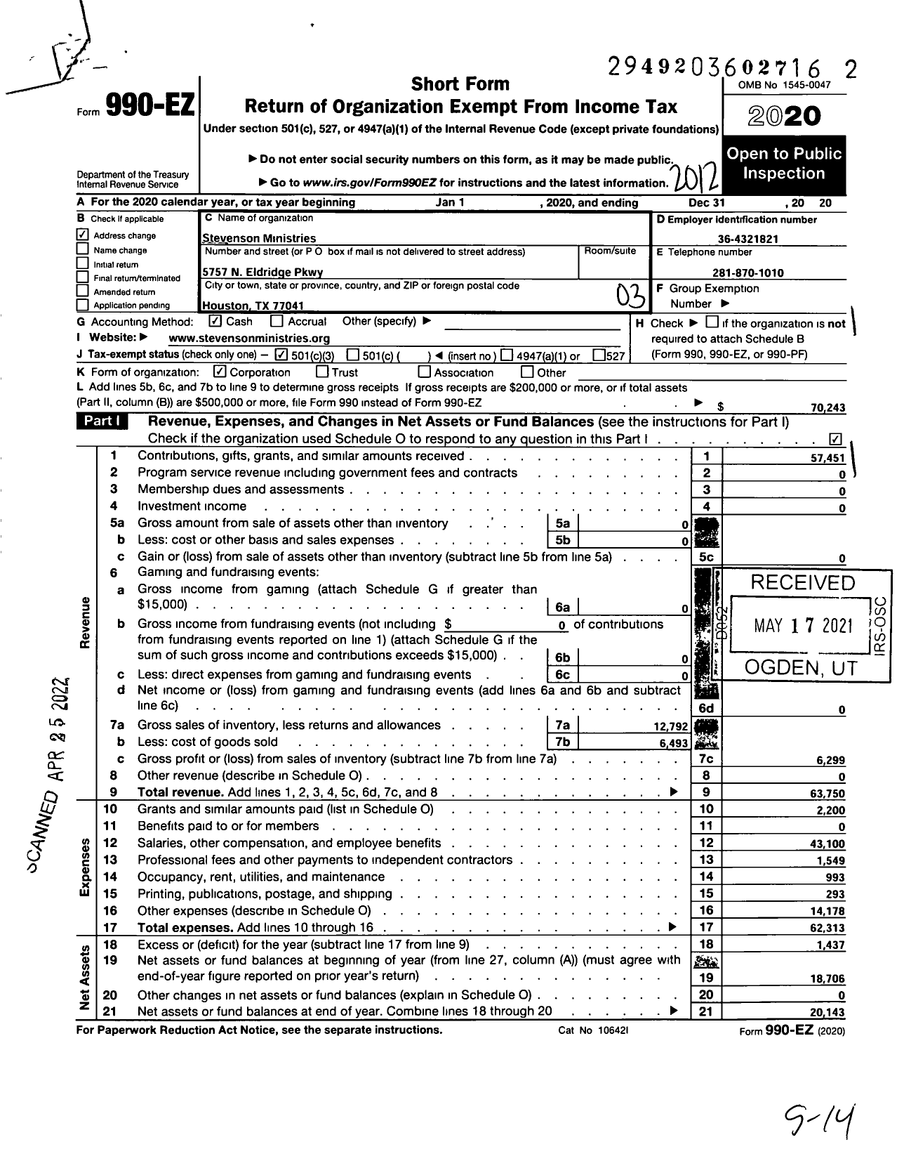 Image of first page of 2020 Form 990EZ for Stevenson Ministries