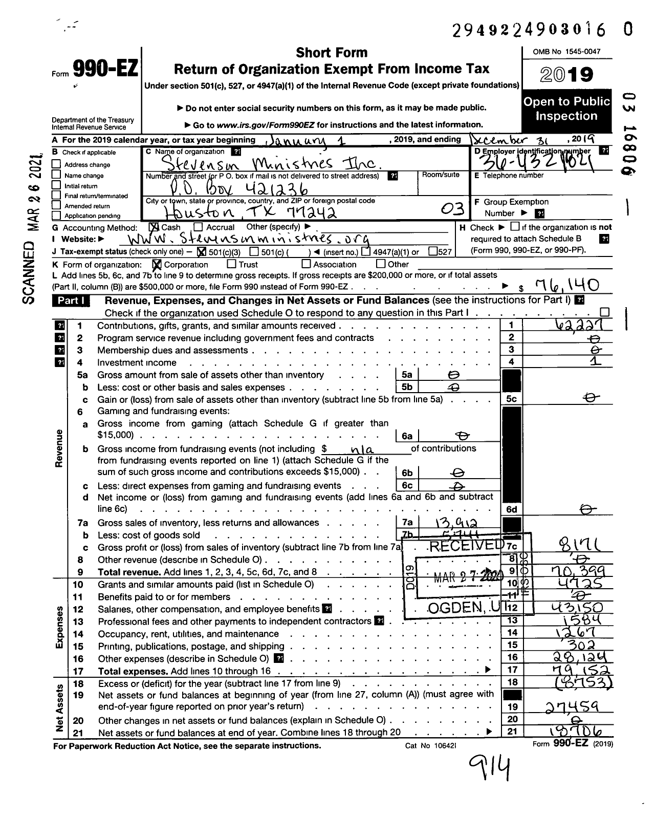 Image of first page of 2019 Form 990EZ for Stevenson Ministries