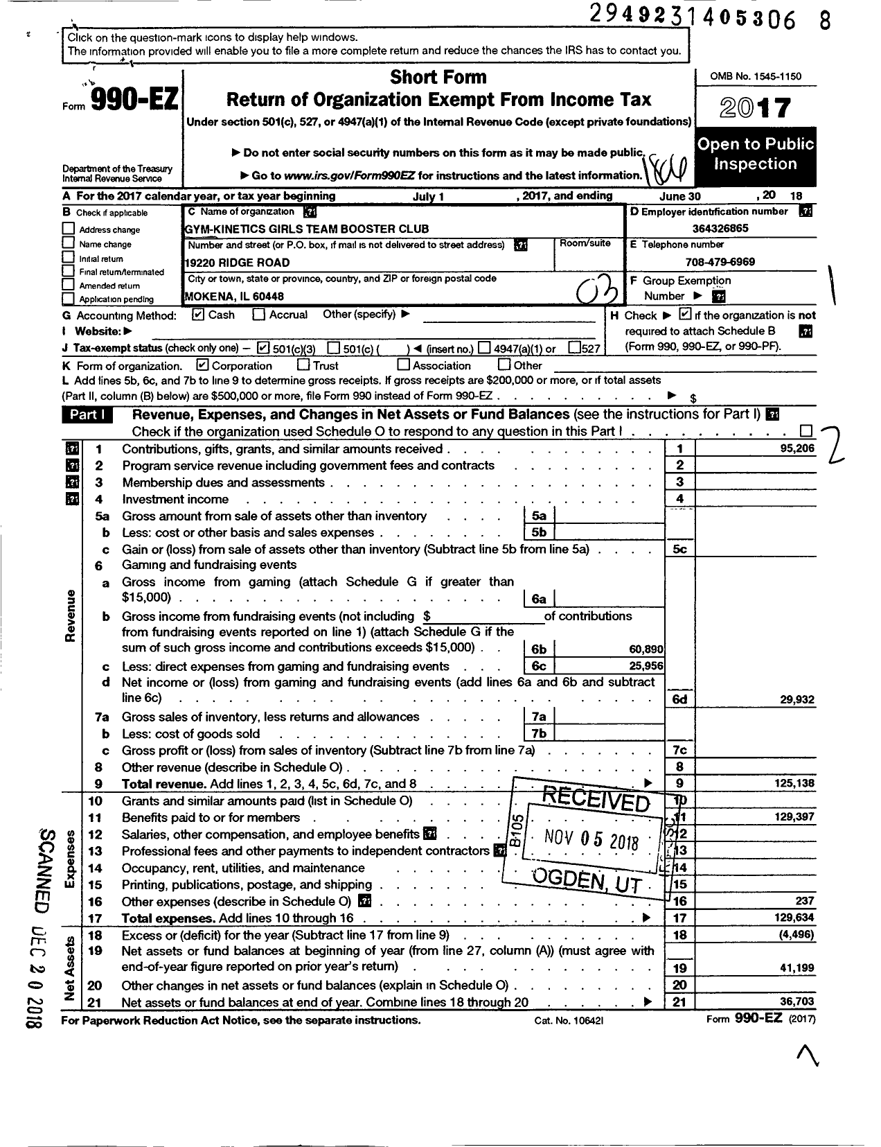 Image of first page of 2017 Form 990EZ for Gym-Kinetics Girls Team Booster