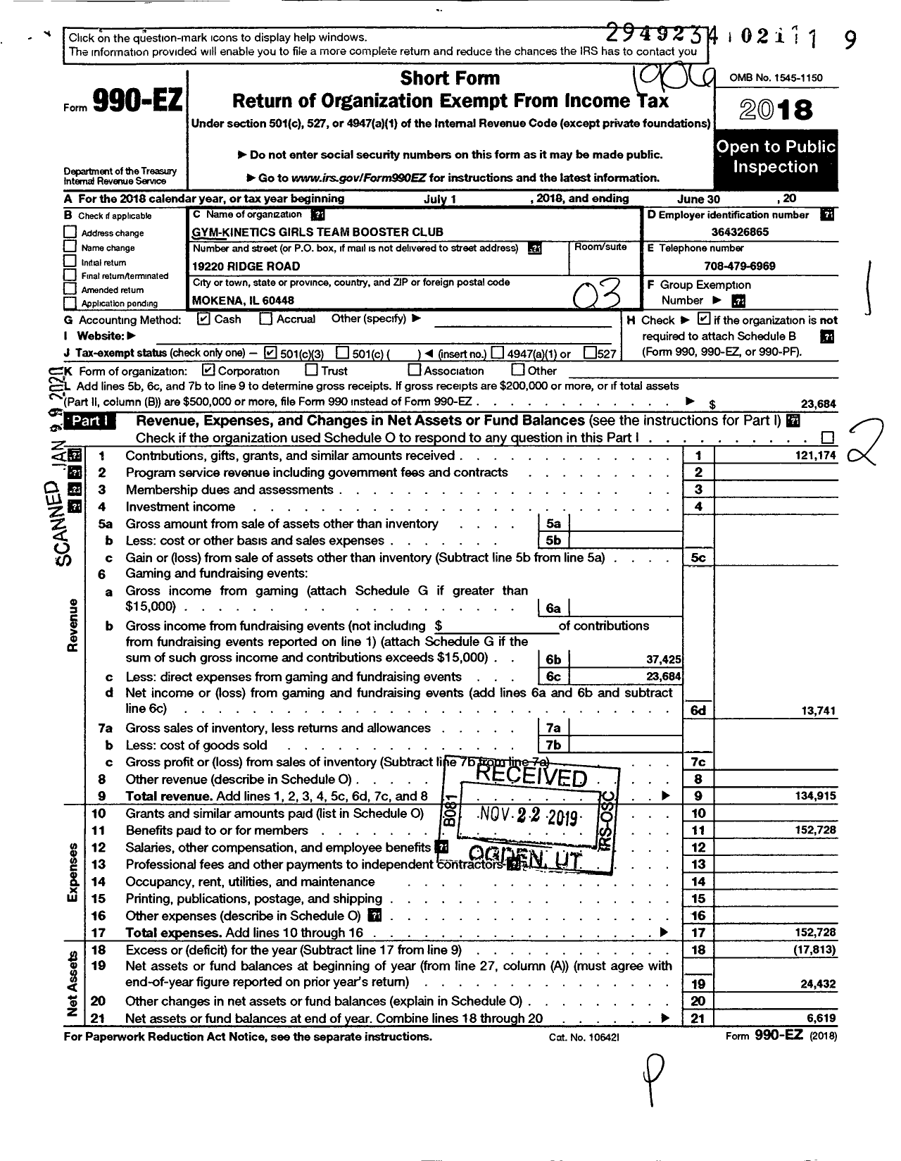 Image of first page of 2018 Form 990EZ for Gym-Kinetics Girls Team Booster