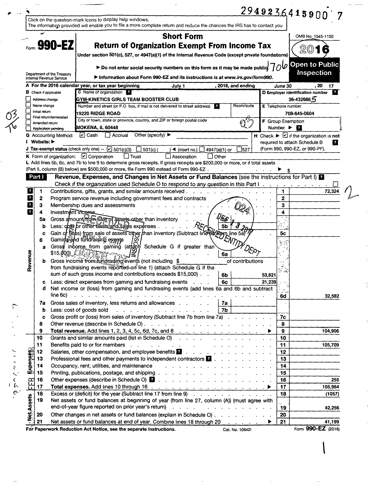 Image of first page of 2016 Form 990EZ for Gym-Kinetics Girls Team Booster