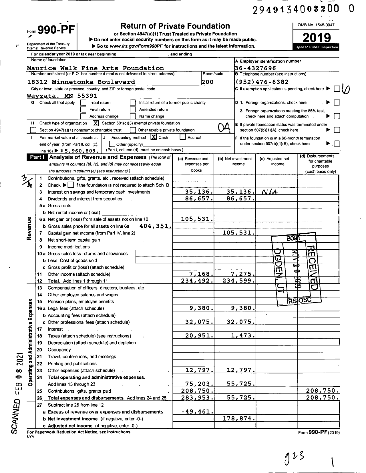 Image of first page of 2019 Form 990PF for Maurice Walk Fine Arts Foundation