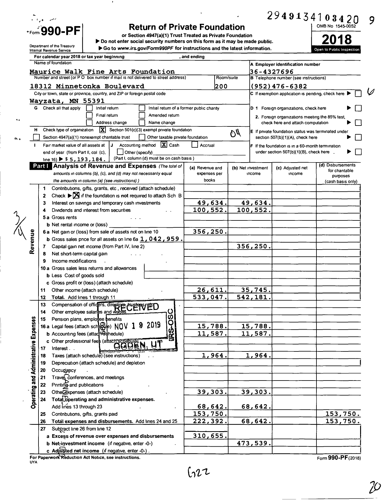 Image of first page of 2018 Form 990PF for Maurice Walk Fine Arts Foundation