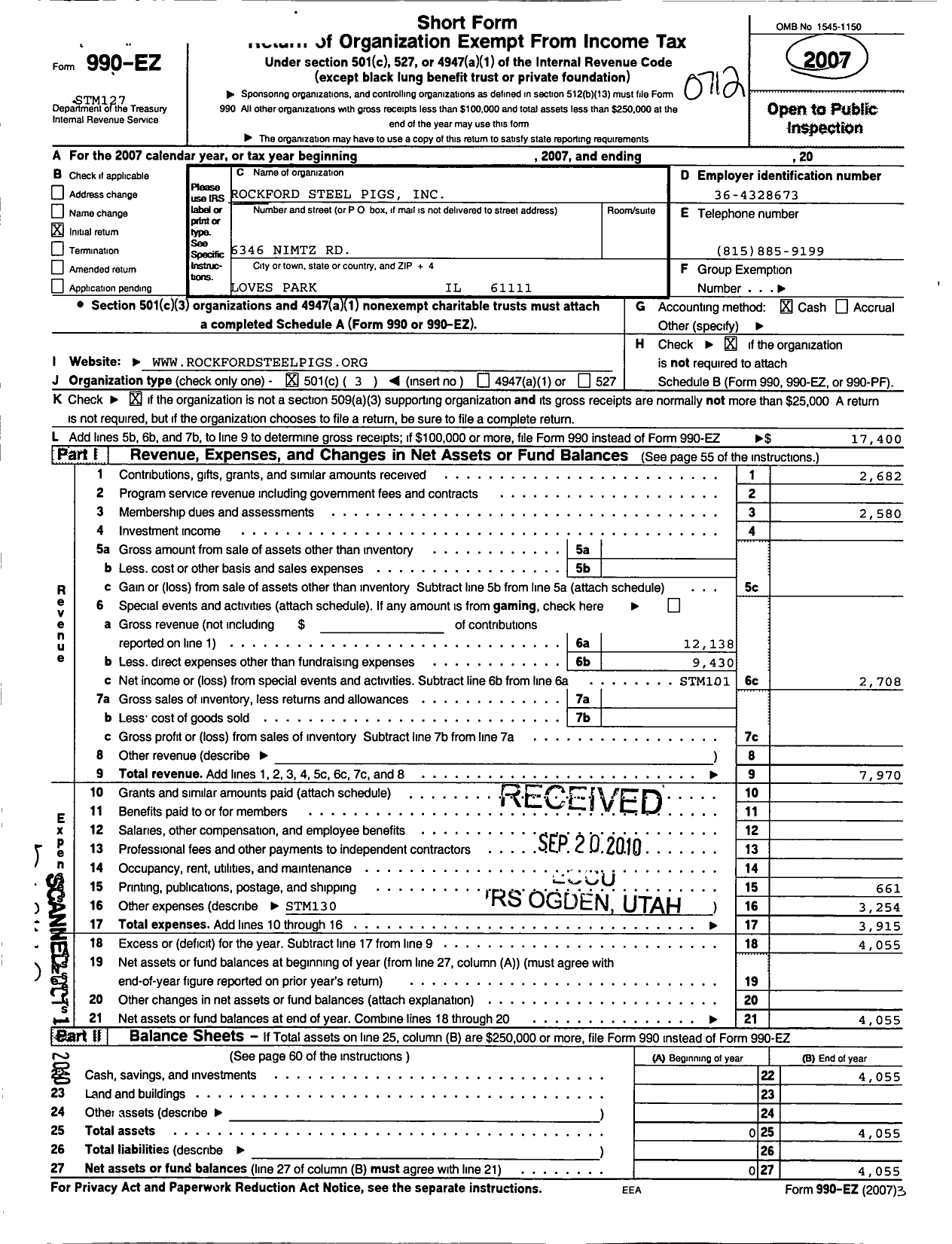 Image of first page of 2007 Form 990EZ for Rockford Steel Pigs