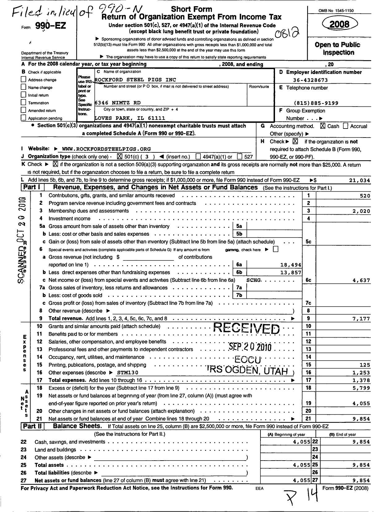 Image of first page of 2008 Form 990EZ for Rockford Steel Pigs