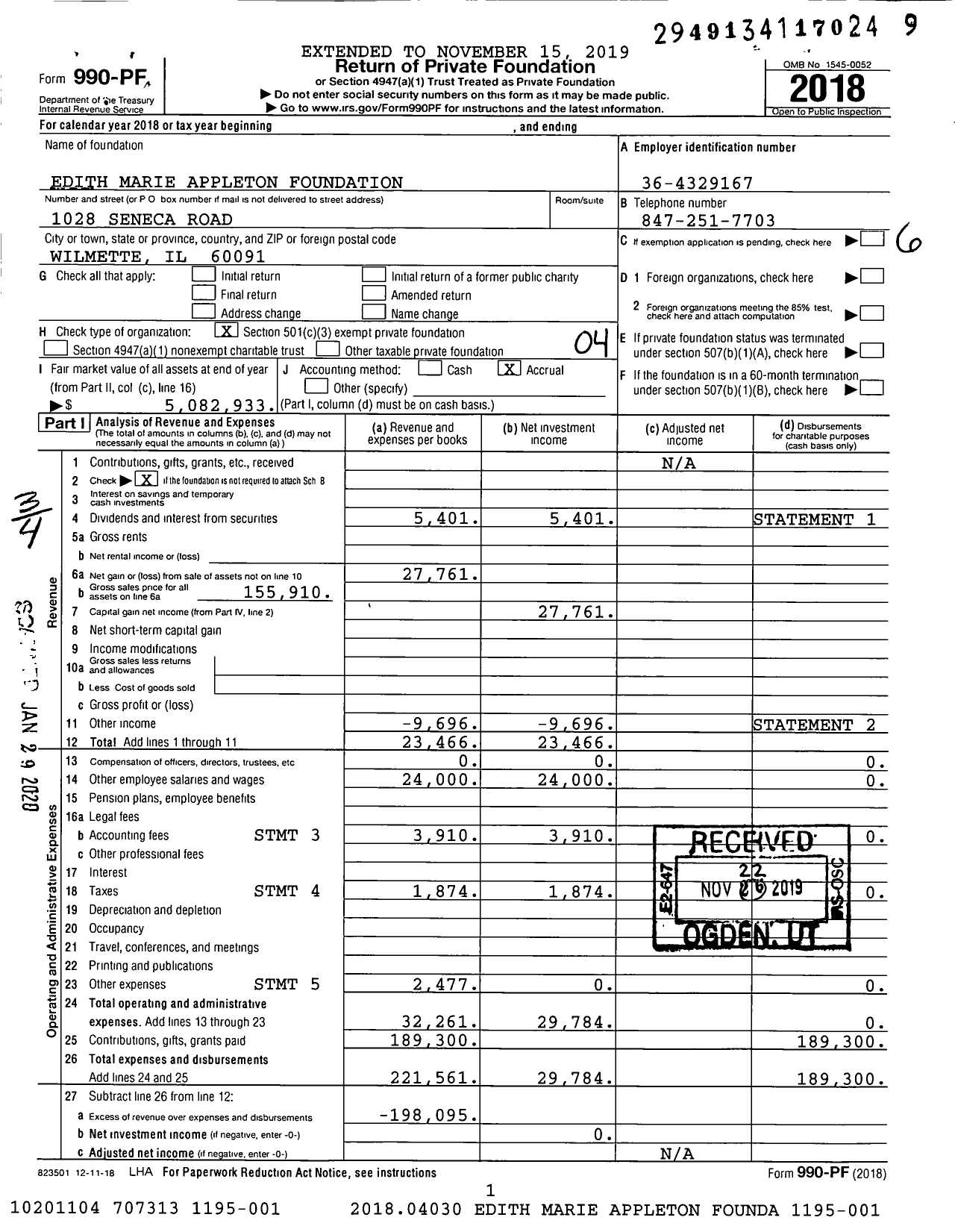 Image of first page of 2018 Form 990PF for Edith Marie Appleton Foundation