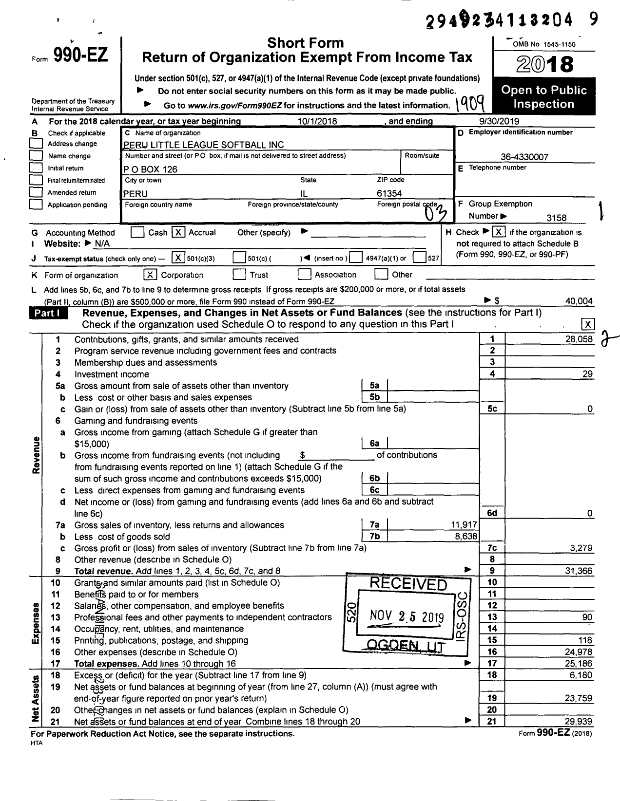 Image of first page of 2018 Form 990EZ for Little League Baseball - 74804 Peru Softball LL