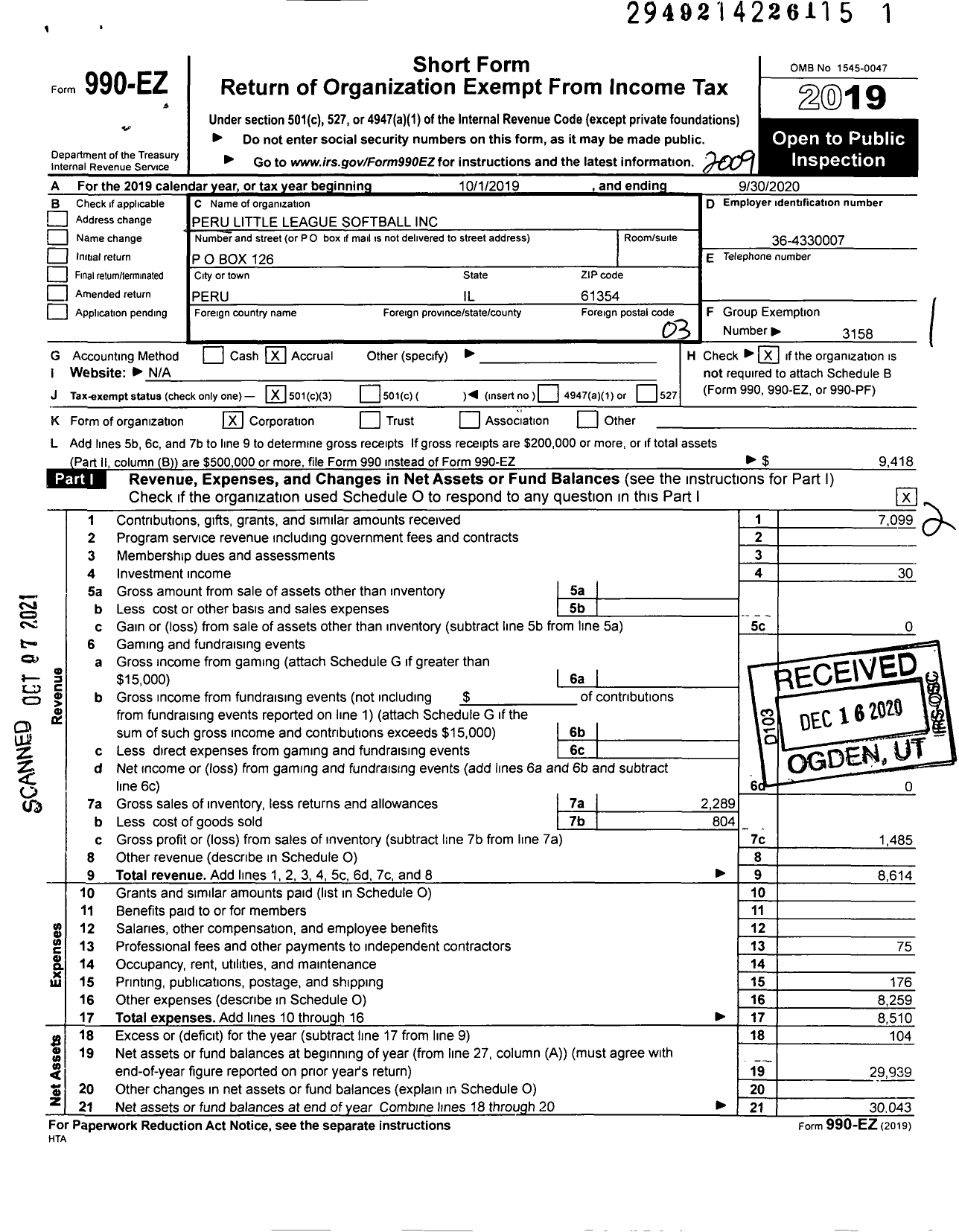 Image of first page of 2019 Form 990EZ for Little League Baseball - 74804 Peru Softball LL