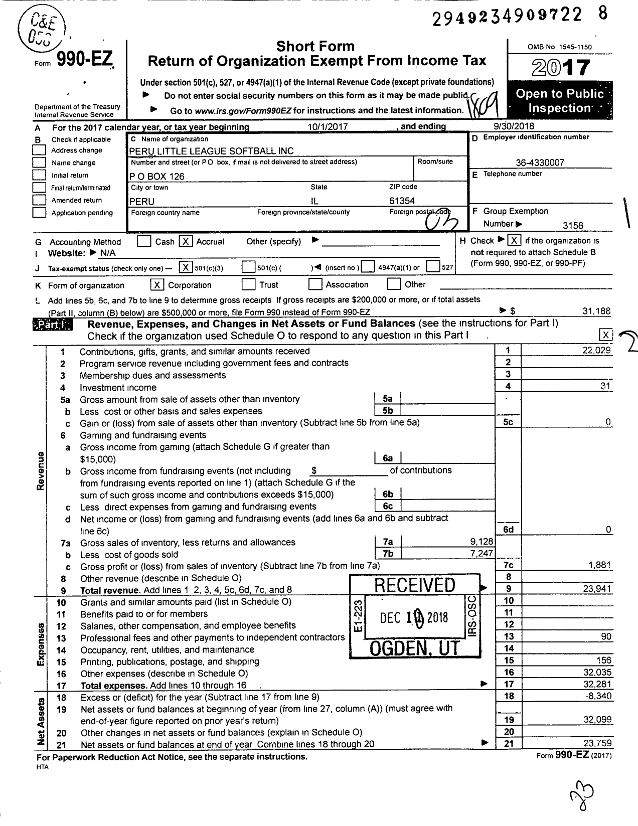 Image of first page of 2017 Form 990EZ for Little League Baseball - 74804 Peru Softball LL