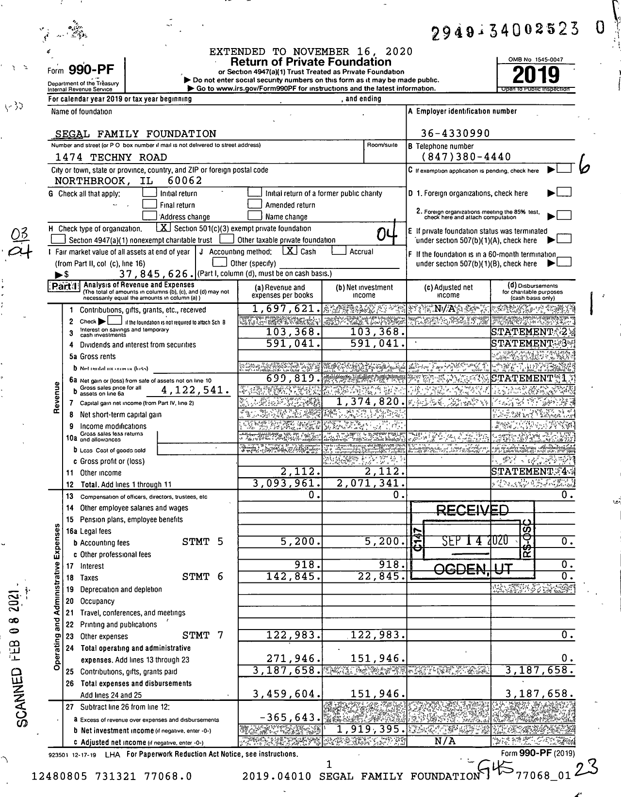 Image of first page of 2019 Form 990PF for Segal Family Foundation