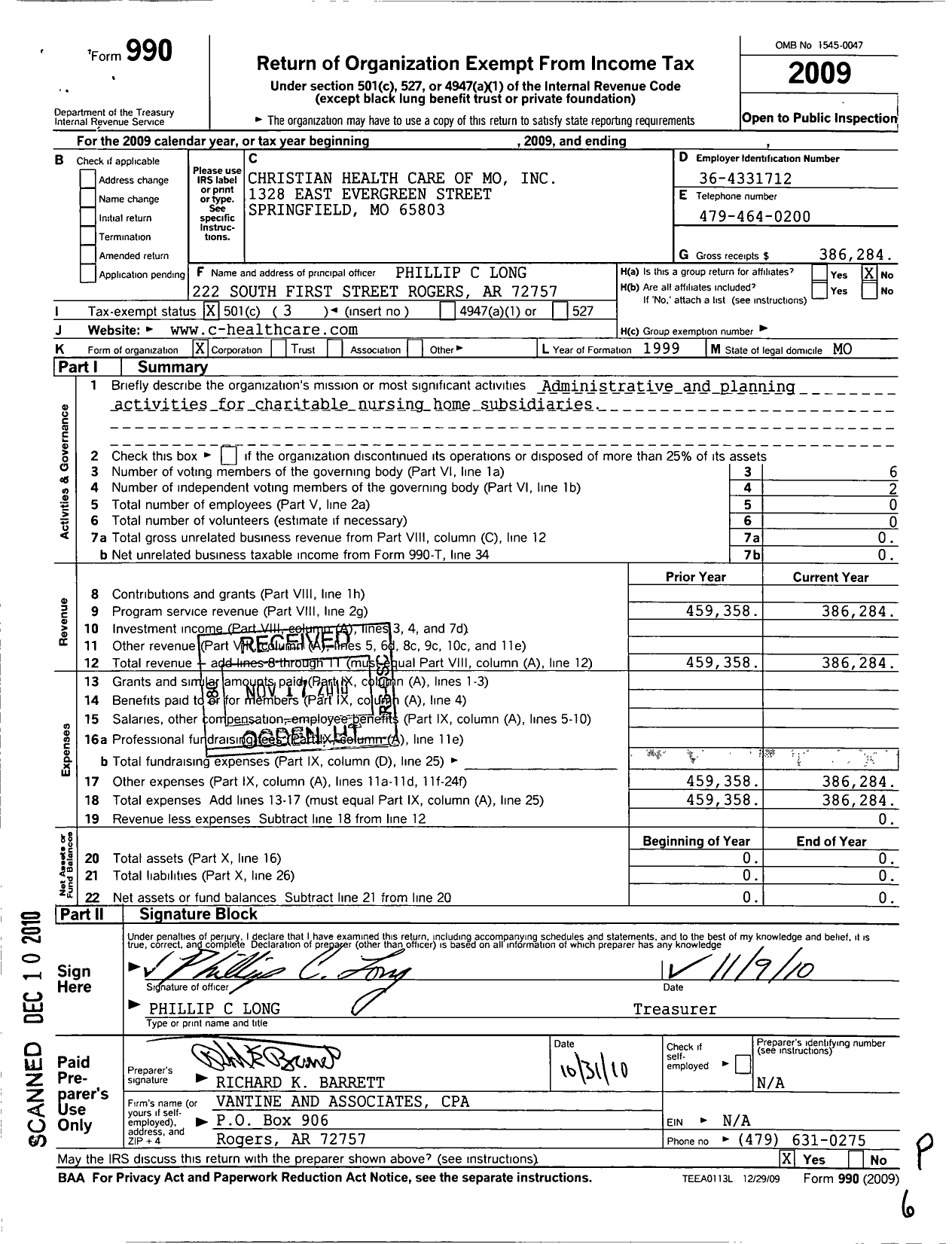 Image of first page of 2009 Form 990 for Christian Health Care of Little Rock