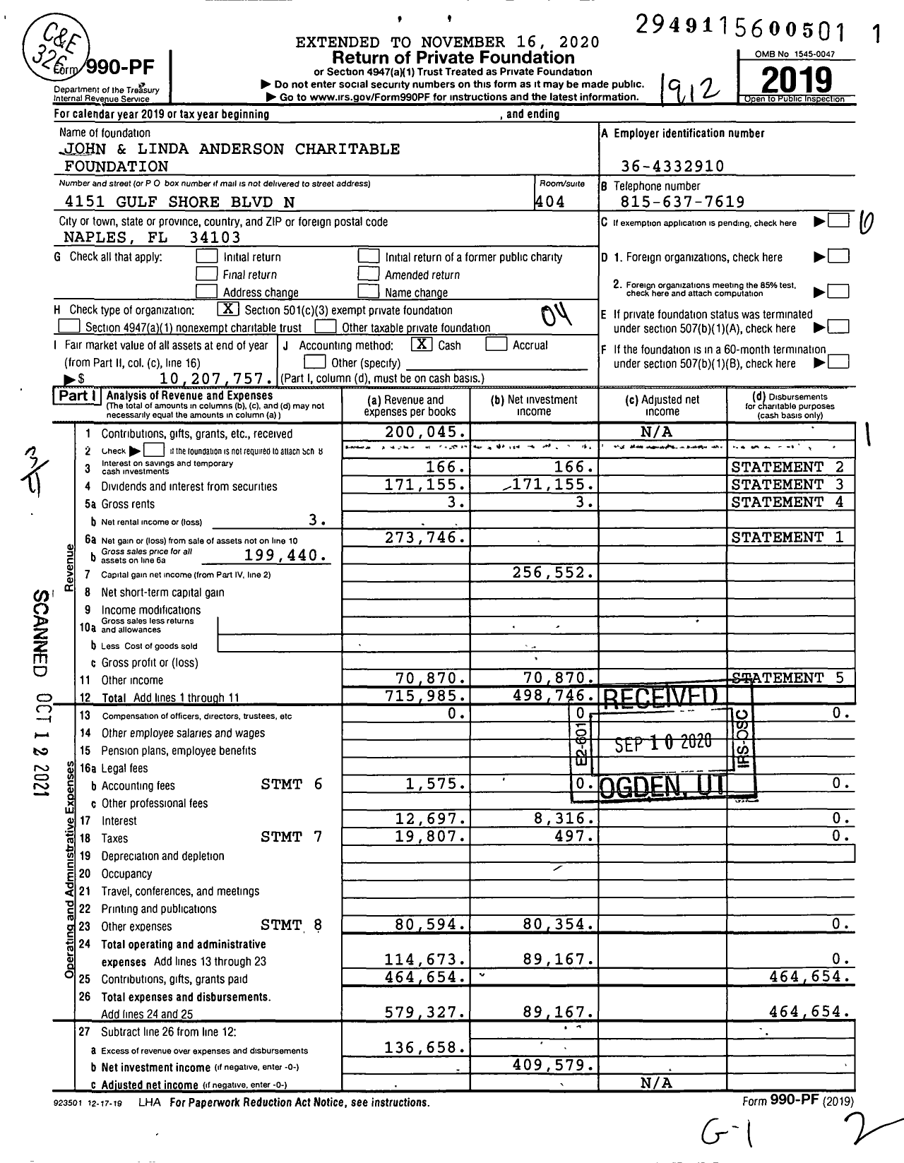 Image of first page of 2019 Form 990PF for John and Linda Anderson Charitable Foundation