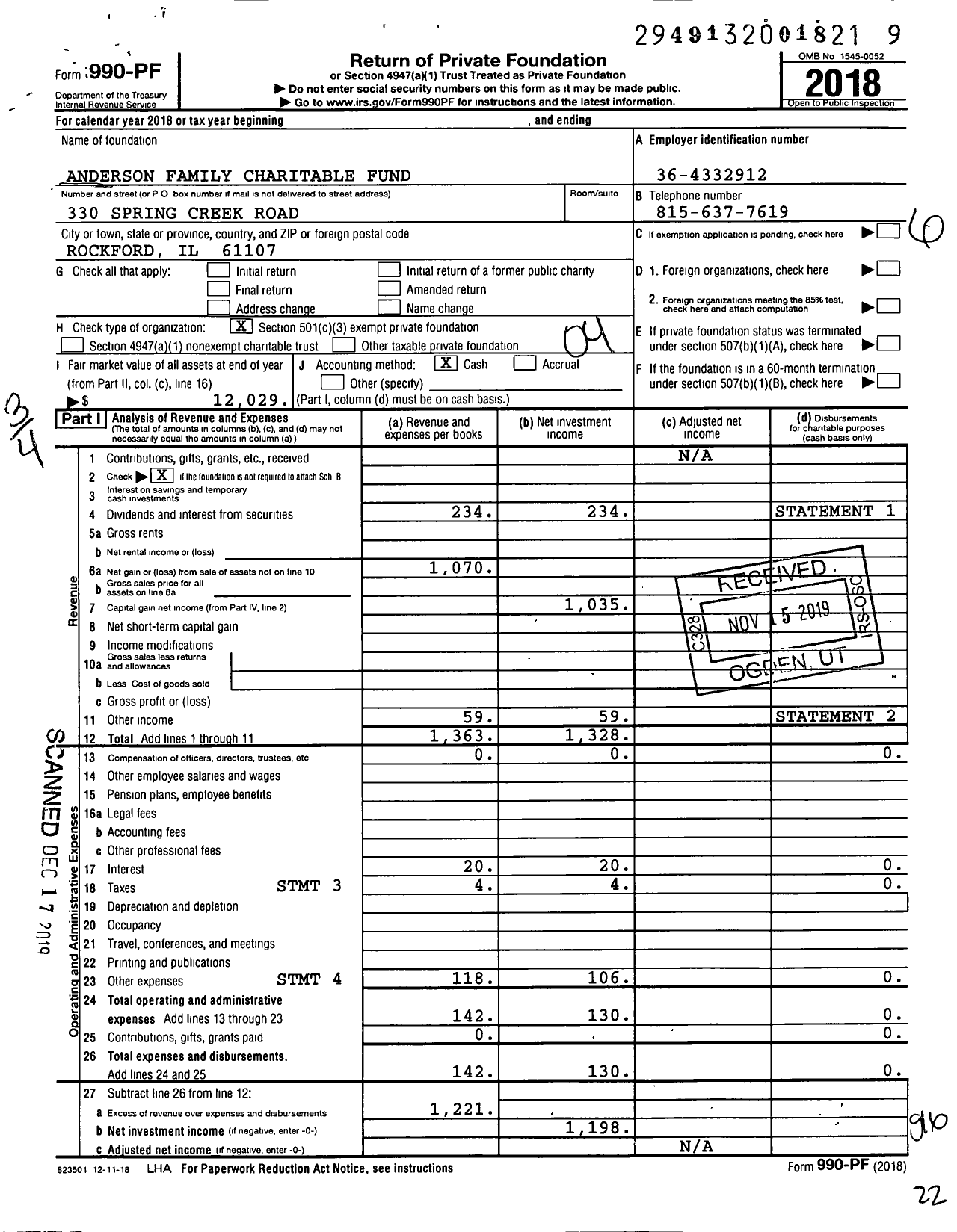 Image of first page of 2018 Form 990PF for Anderson Family Charitable Fund