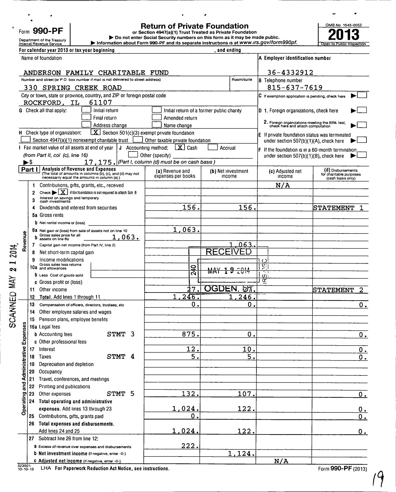 Image of first page of 2013 Form 990PF for Anderson Family Charitable Fund
