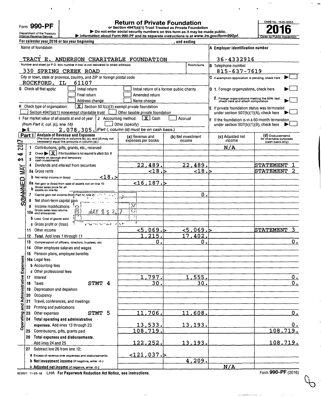 Image of first page of 2016 Form 990PF for Tracy E Anderson Charitable Foundation