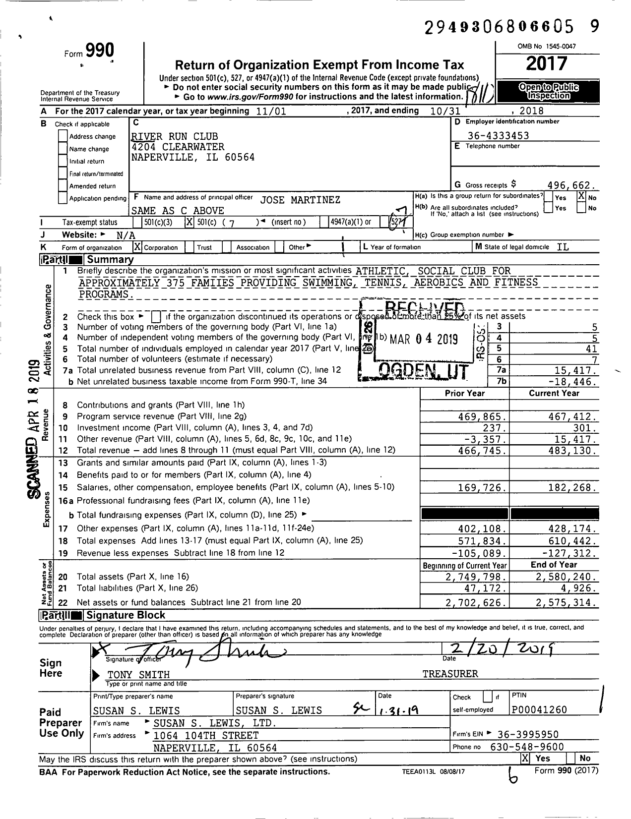 Image of first page of 2017 Form 990O for River Run Club