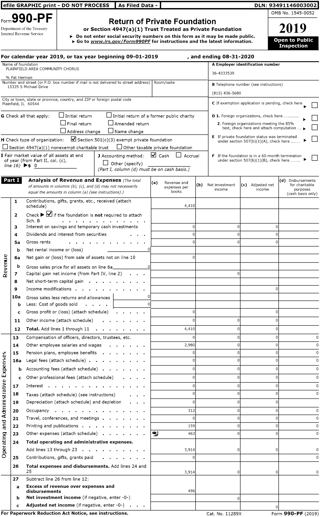 Image of first page of 2019 Form 990PF for Plainfield Area Community Chorus