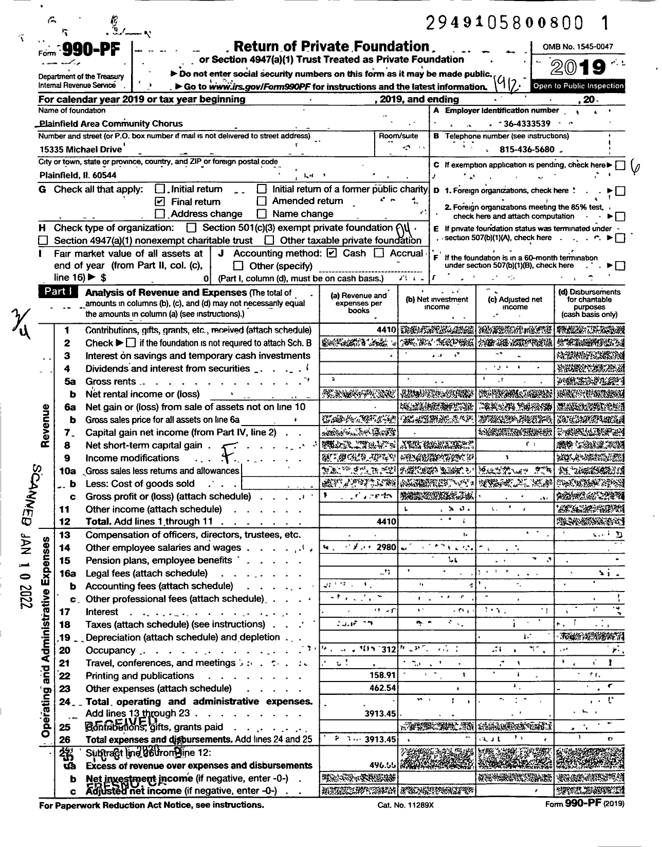 Image of first page of 2019 Form 990PF for Plainfield Area Community Chorus