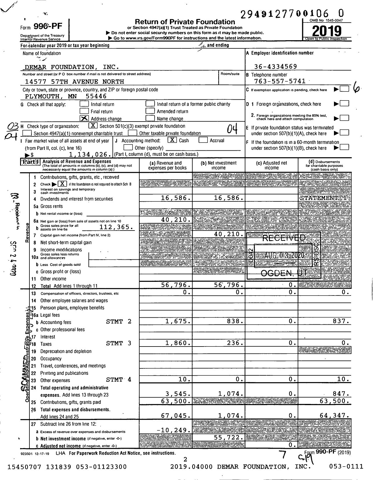 Image of first page of 2019 Form 990PF for Demar Foundation