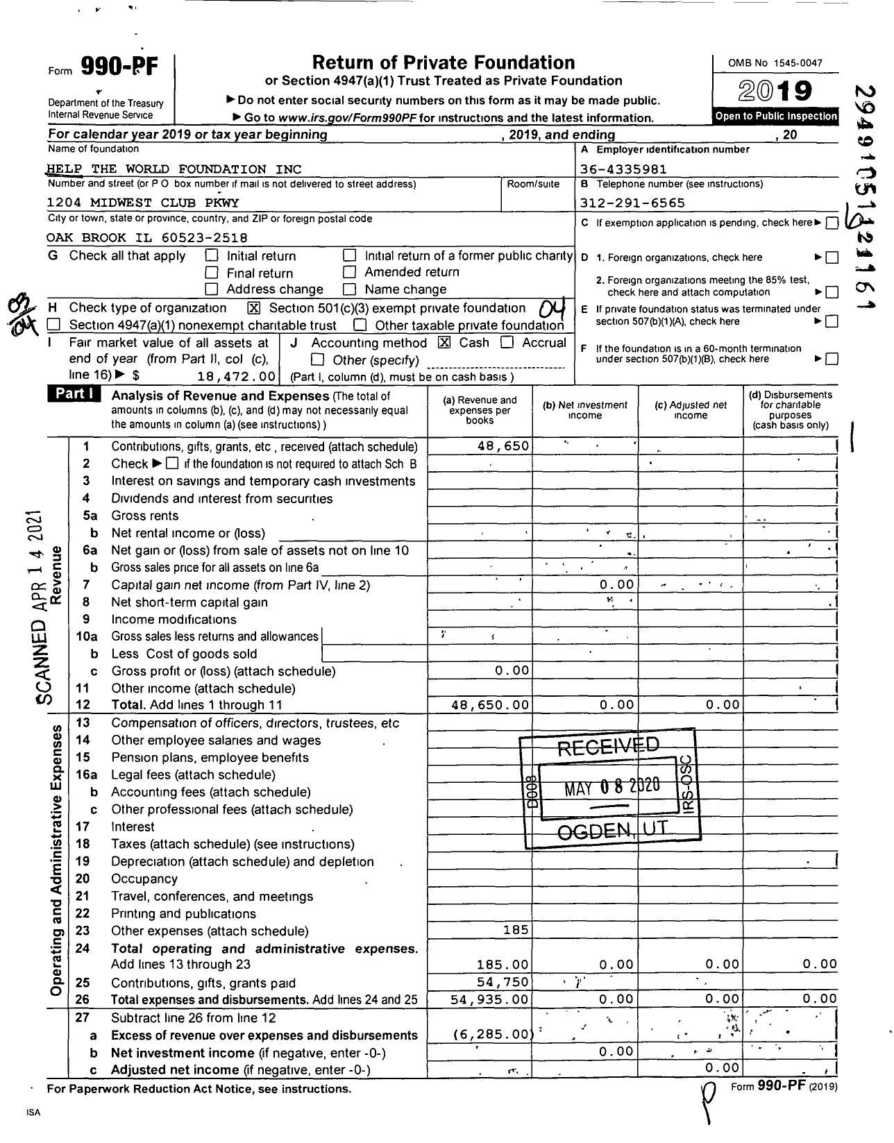 Image of first page of 2019 Form 990PF for Help the World Foundation