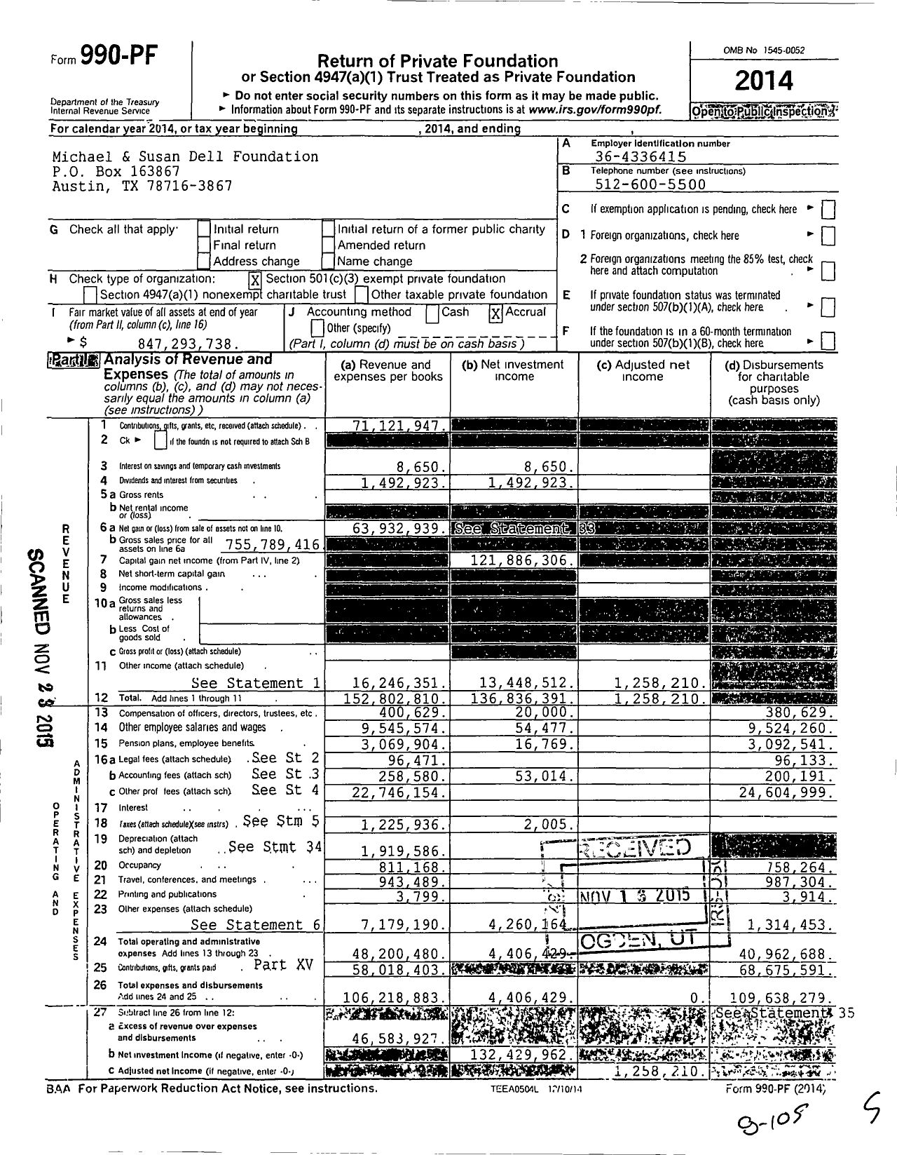 Image of first page of 2014 Form 990PF for Michael and Susan Dell Foundation (MSDF)