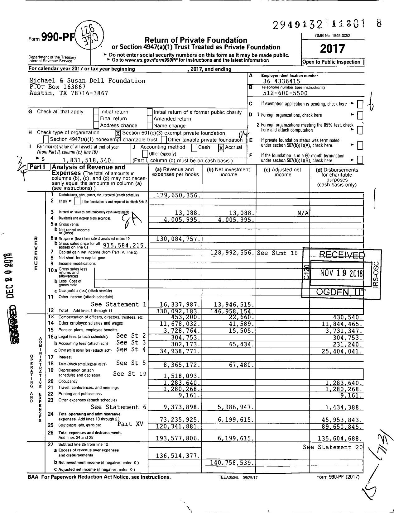 Image of first page of 2017 Form 990PF for Michael and Susan Dell Foundation (MSDF)