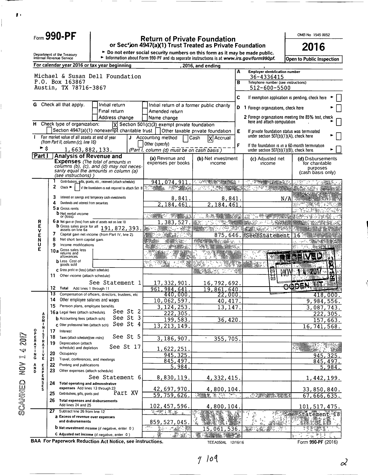 Image of first page of 2016 Form 990PF for Michael and Susan Dell Foundation (MSDF)