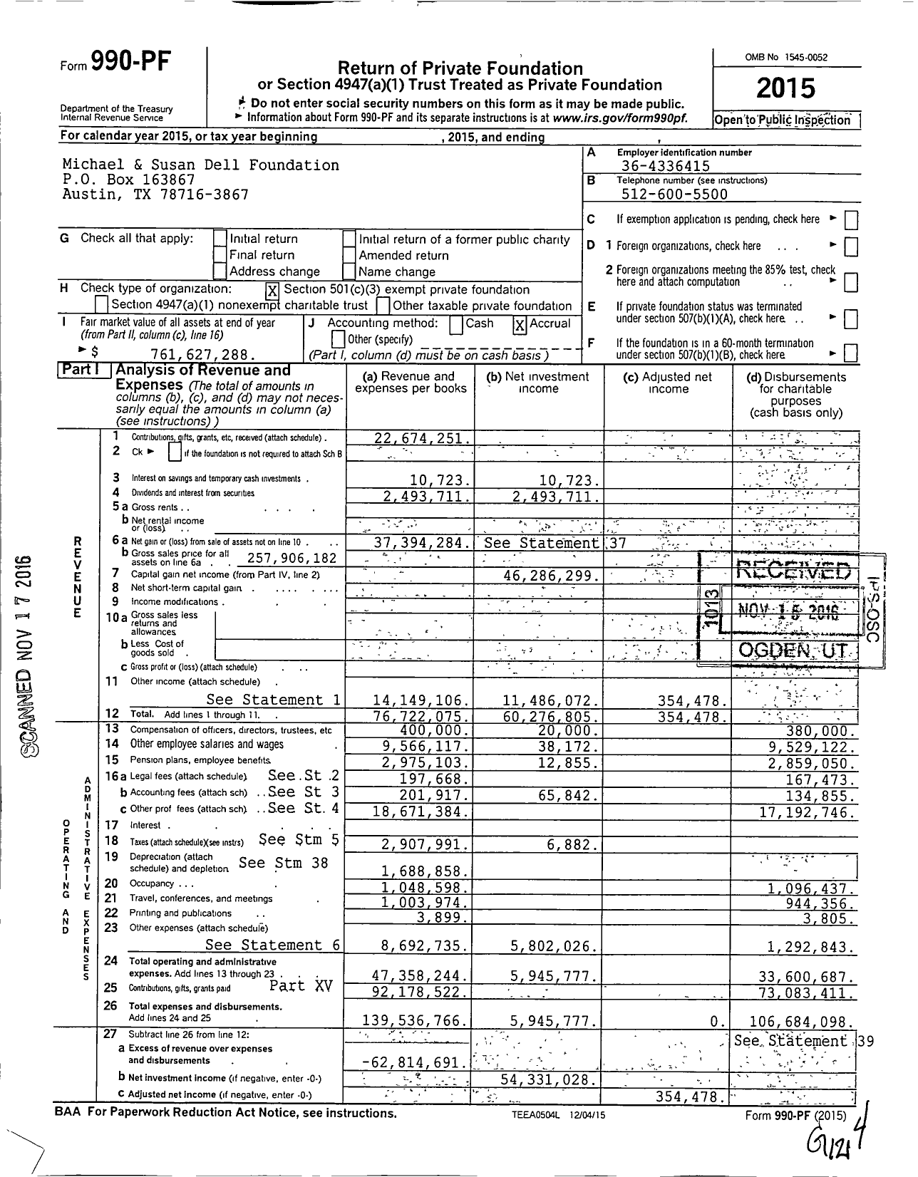 Image of first page of 2015 Form 990PF for Michael and Susan Dell Foundation (MSDF)