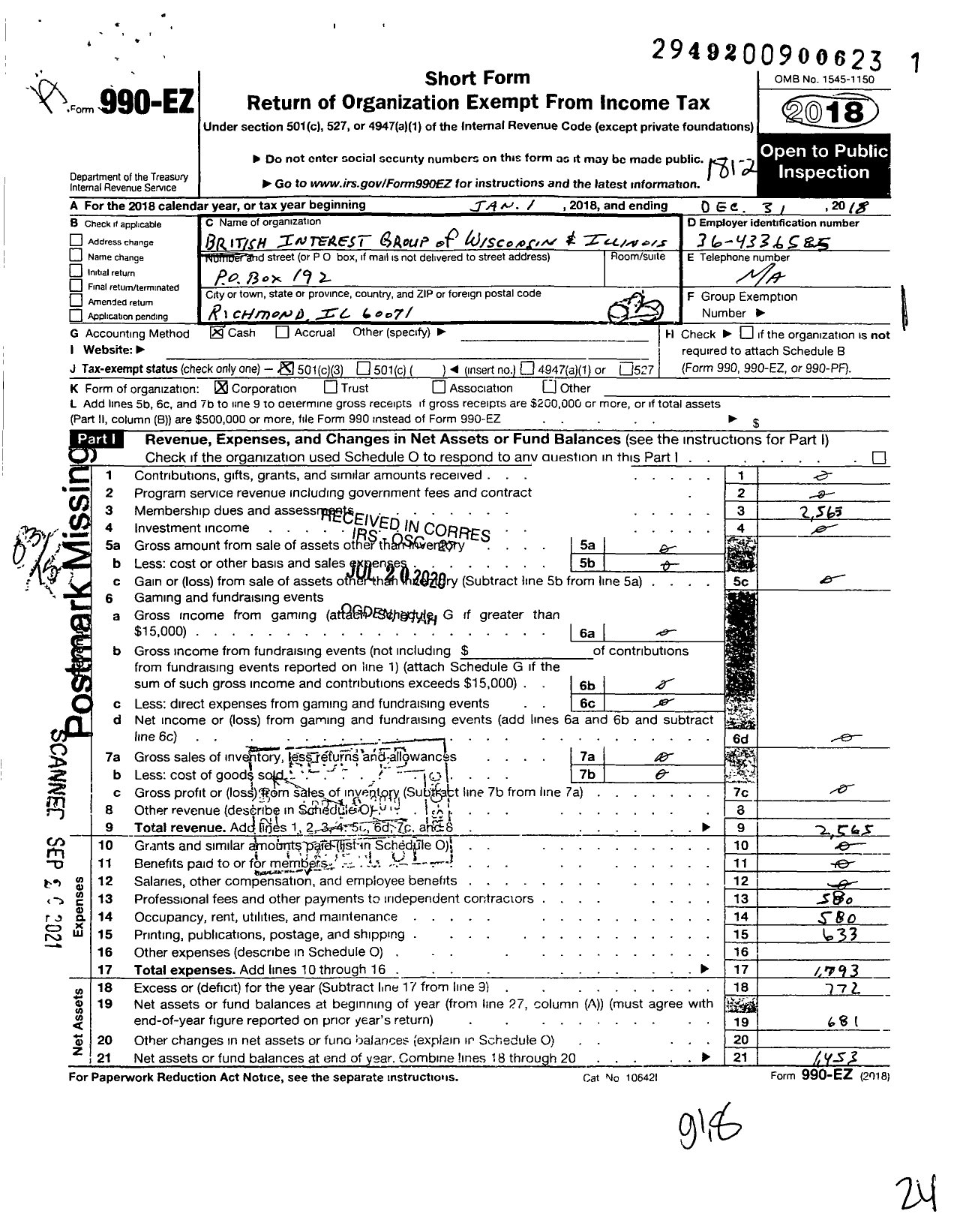 Image of first page of 2018 Form 990EZ for British Interest Group of Wisconsin and Illinois