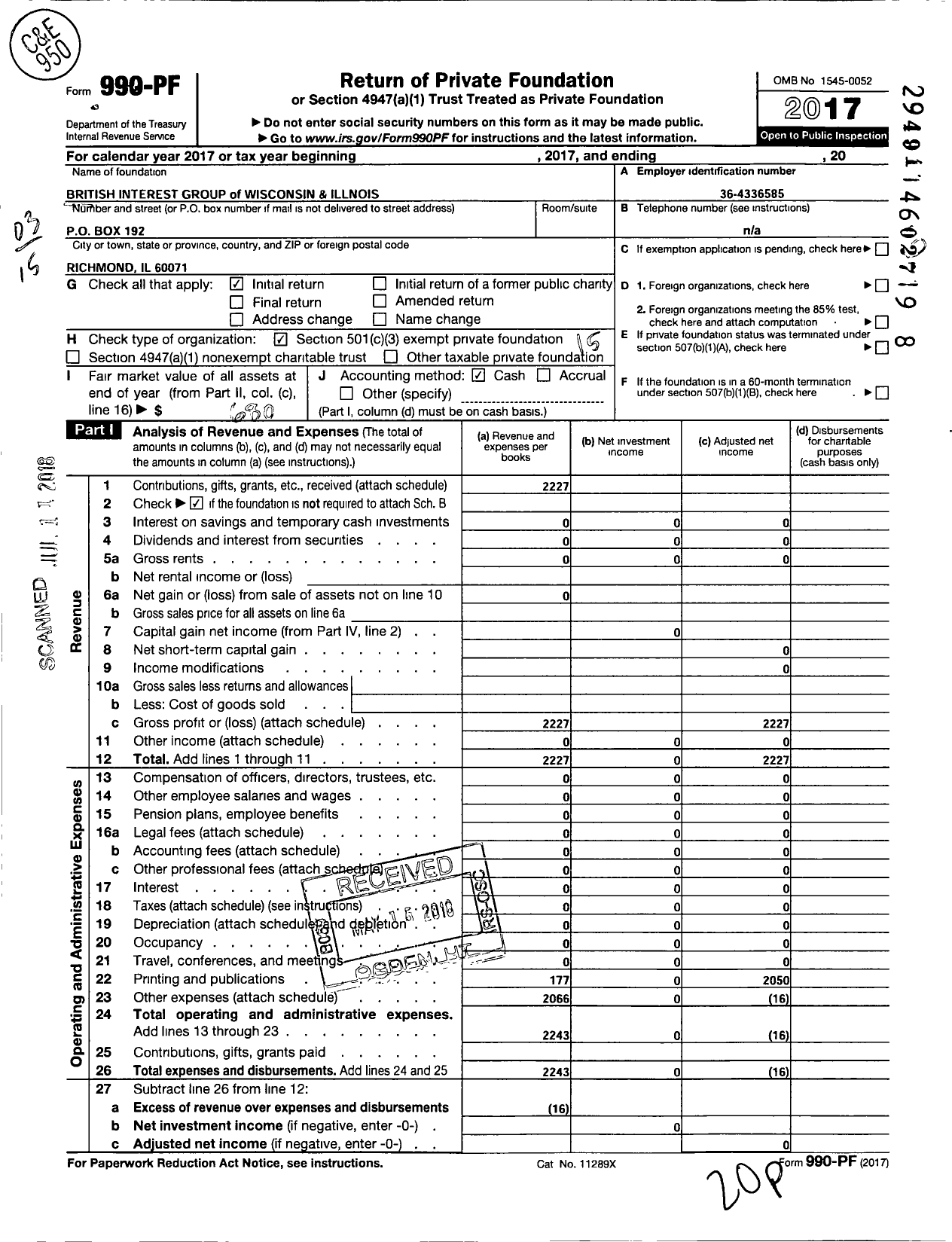 Image of first page of 2017 Form 990PF for British Interest Group of Wisconsin and Illinois