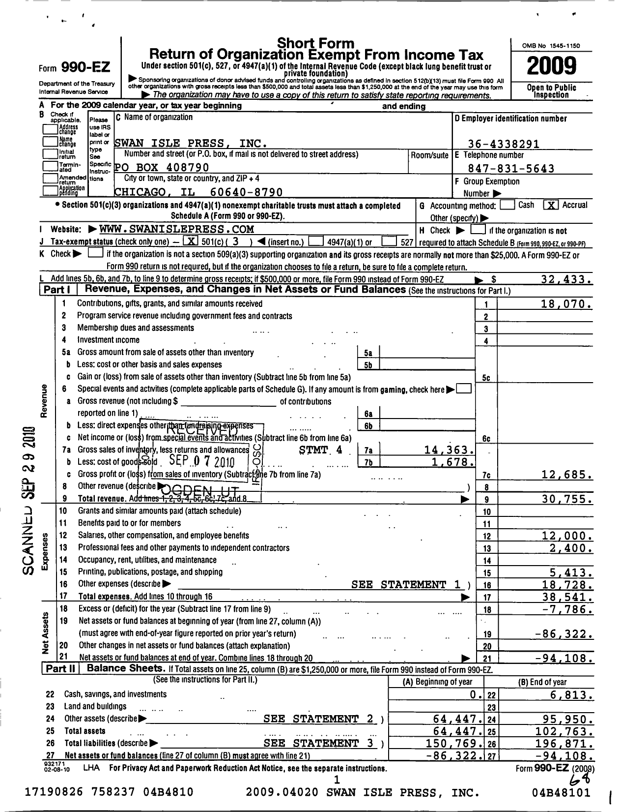 Image of first page of 2009 Form 990EZ for Swan Isle Press