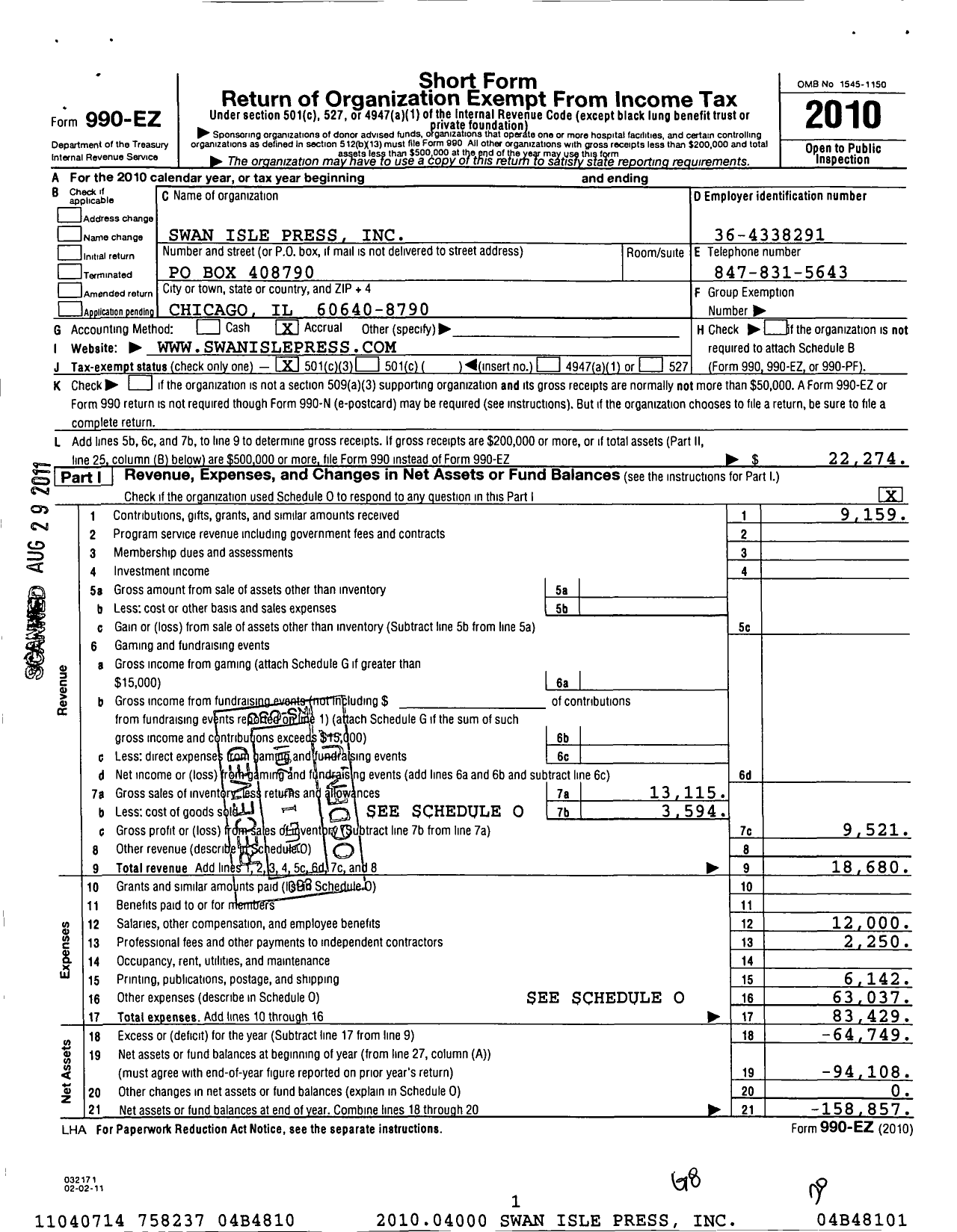 Image of first page of 2010 Form 990EZ for Swan Isle Press