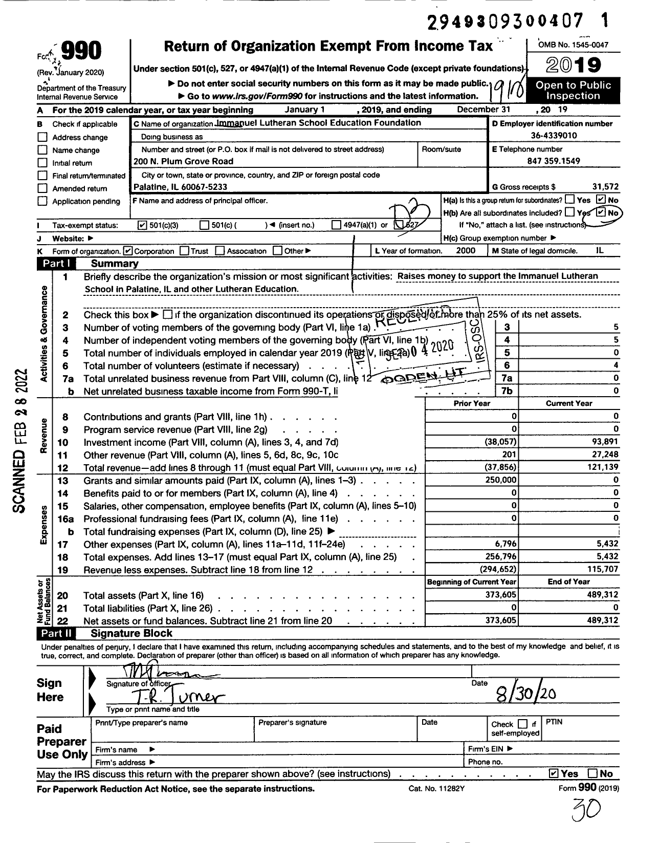 Image of first page of 2019 Form 990 for Immanuel Luthern School Education Foundation