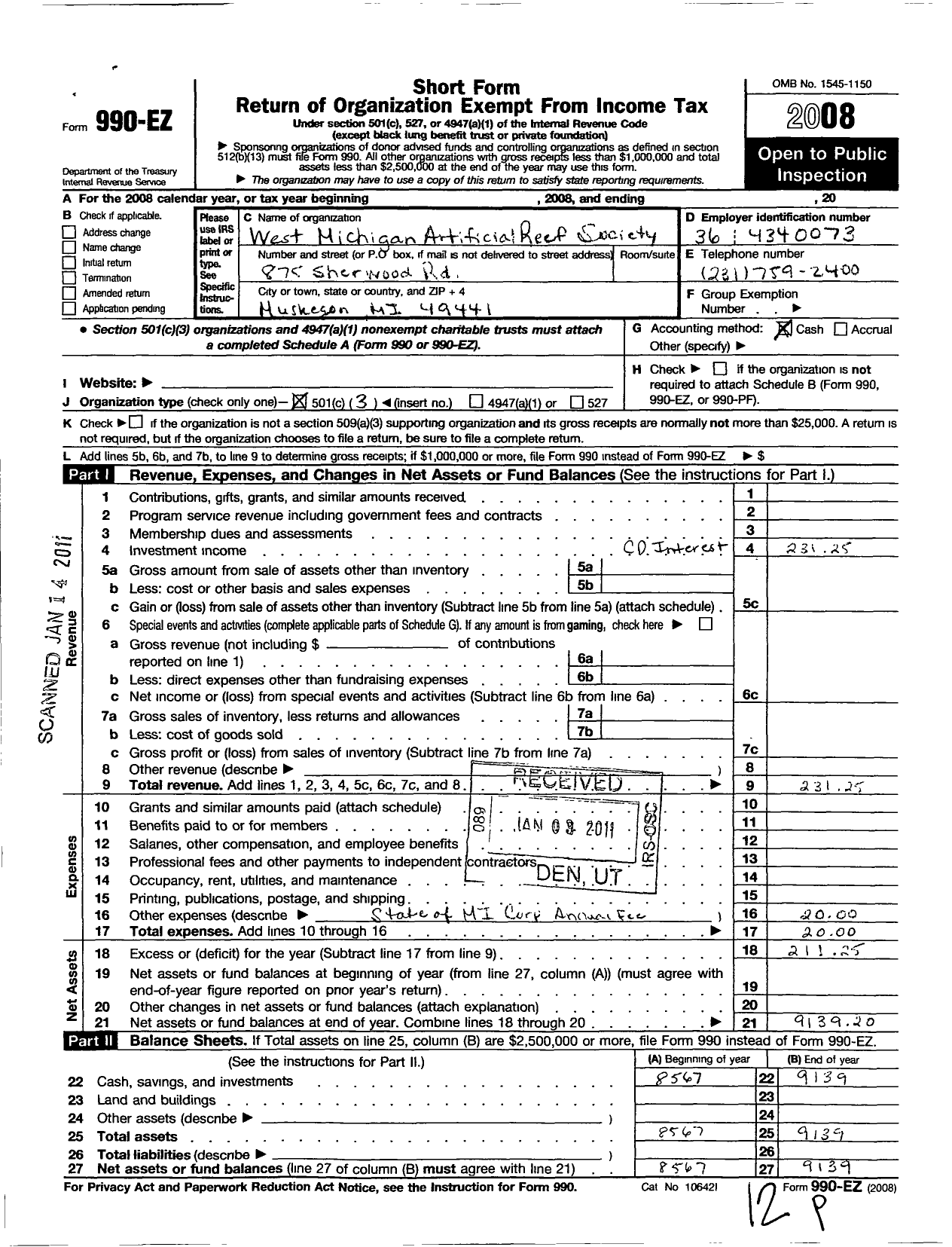 Image of first page of 2008 Form 990EZ for West Michigan Underwater Preserve