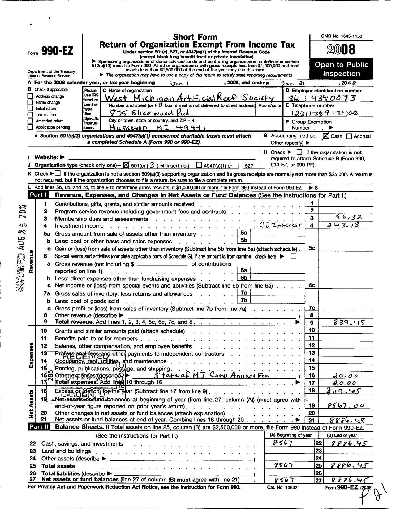 Image of first page of 2008 Form 990EZ for West Michigan Underwater Preserve