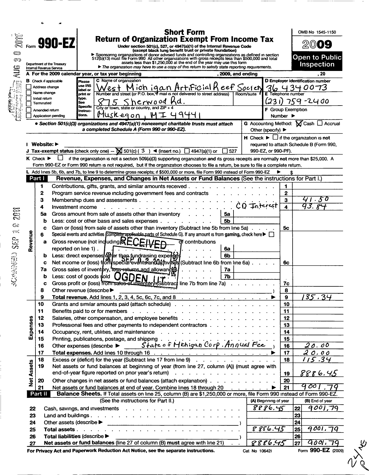 Image of first page of 2009 Form 990EZ for West Michigan Underwater Preserve