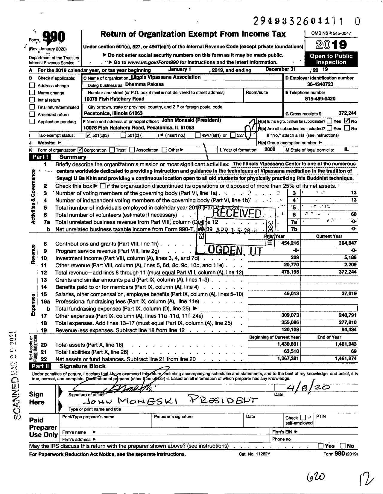 Image of first page of 2019 Form 990 for Illinois Vipassana Association