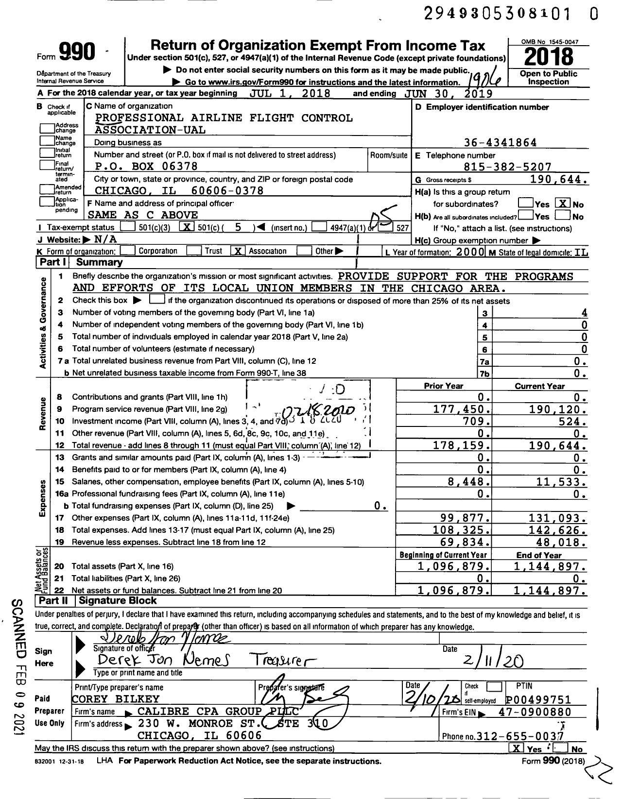 Image of first page of 2018 Form 990O for Professional Airline Flight Control Association-Ual