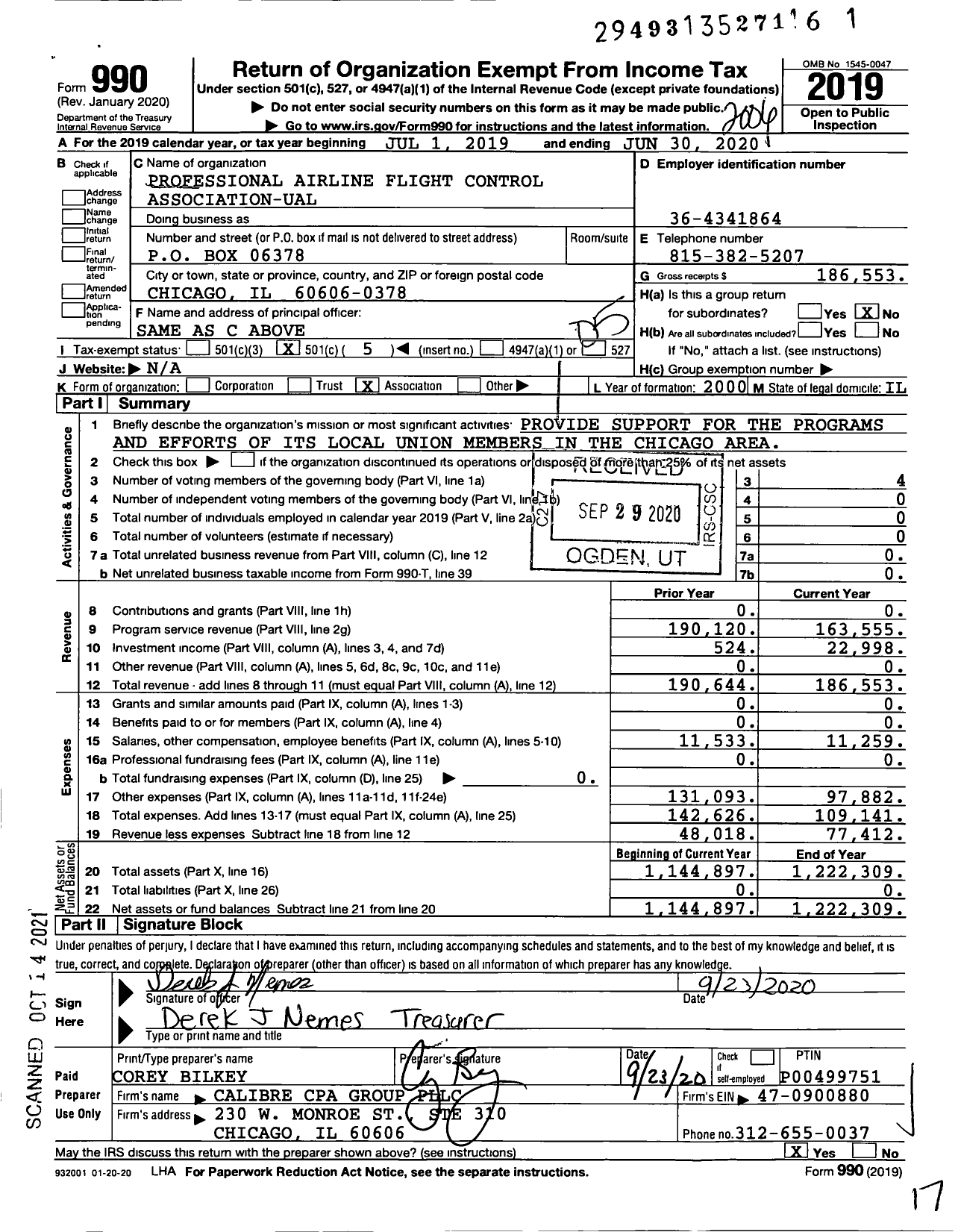 Image of first page of 2019 Form 990O for Professional Airline Flight Control Association-Ual