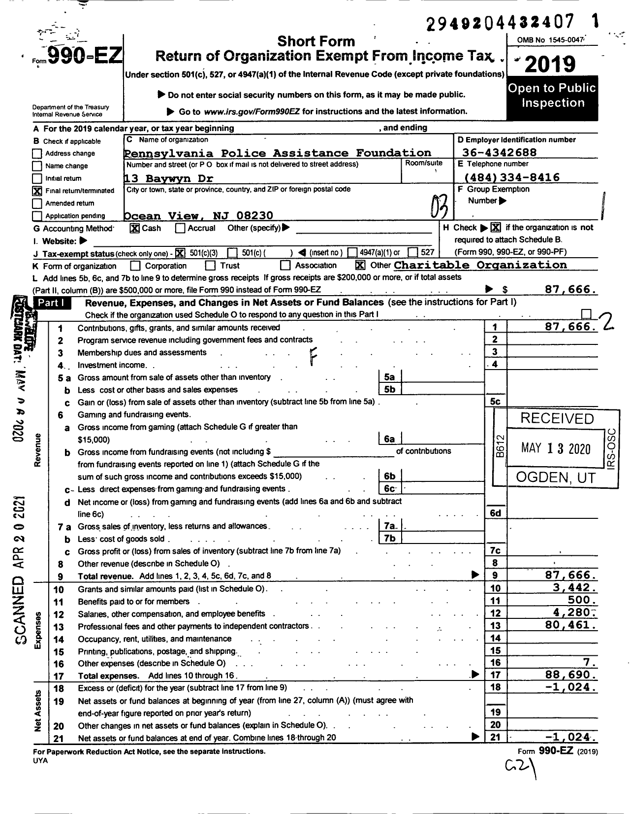 Image of first page of 2019 Form 990EZ for Pennsylvania Police Assistance Foundation